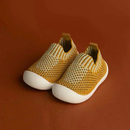 Mustard yellow mesh baby sneakers breathable design