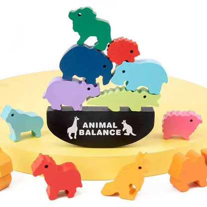 Wooden animal balance game with multiple animal shapes for educational play